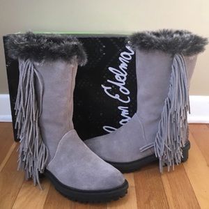 SAM EDELMAN Tilden Fringed Suede Faux Fur Lined Cold Weather Boots Gray Size 6